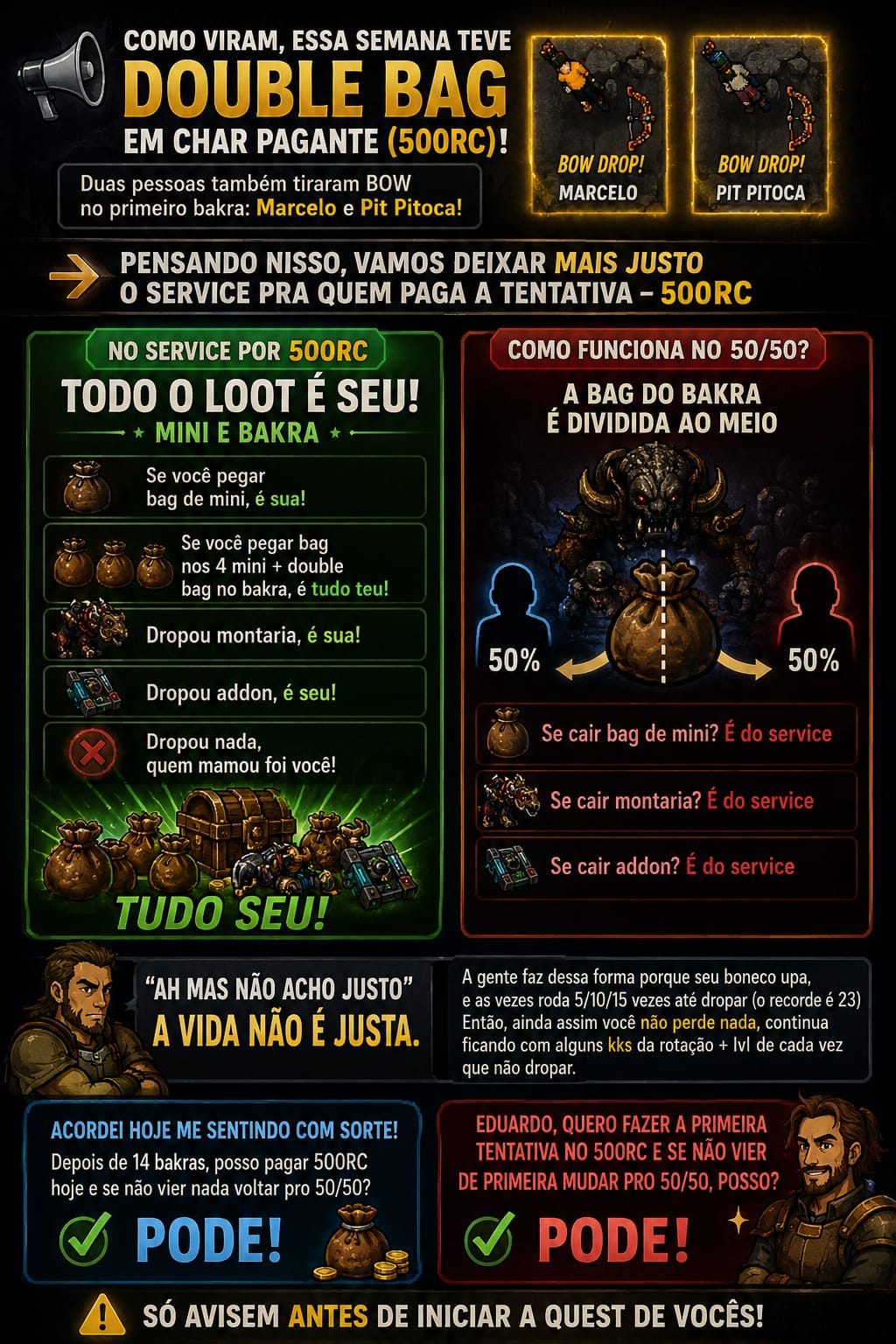Regras do service: no 50/50 a bag do Bakragore é dividida ao meio e minis, montarias e addons são do service; na tentativa por 500 RC todo o loot é do cliente.